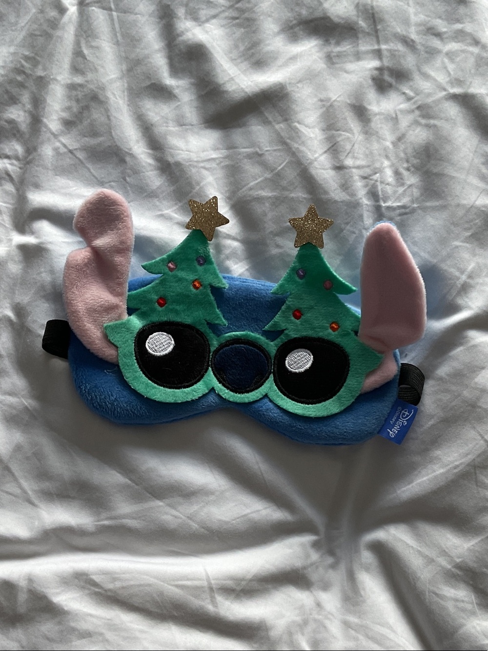 Disney Blue Stitch Holiday Eye Mask with Green Trees and Pink Accents
